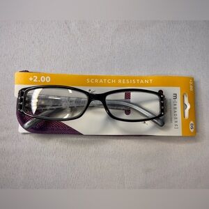 Black Reading Glasses W/Crystal Studs and Printed Design Sides D5 +2.0 & Pouch